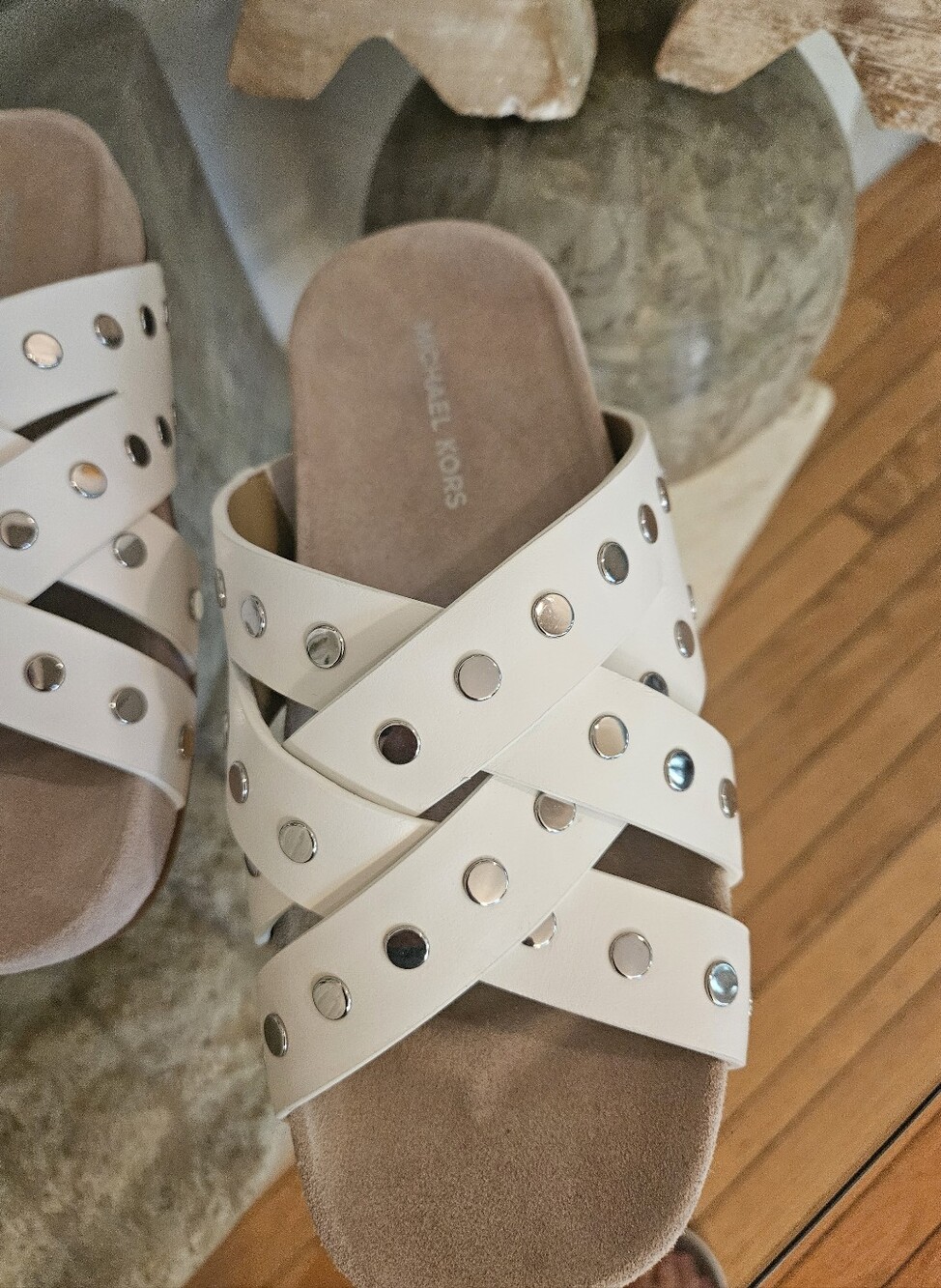 NWT Michael Kors Ivory Crisscross Stud Slide Sandals - Picture 6 of 9